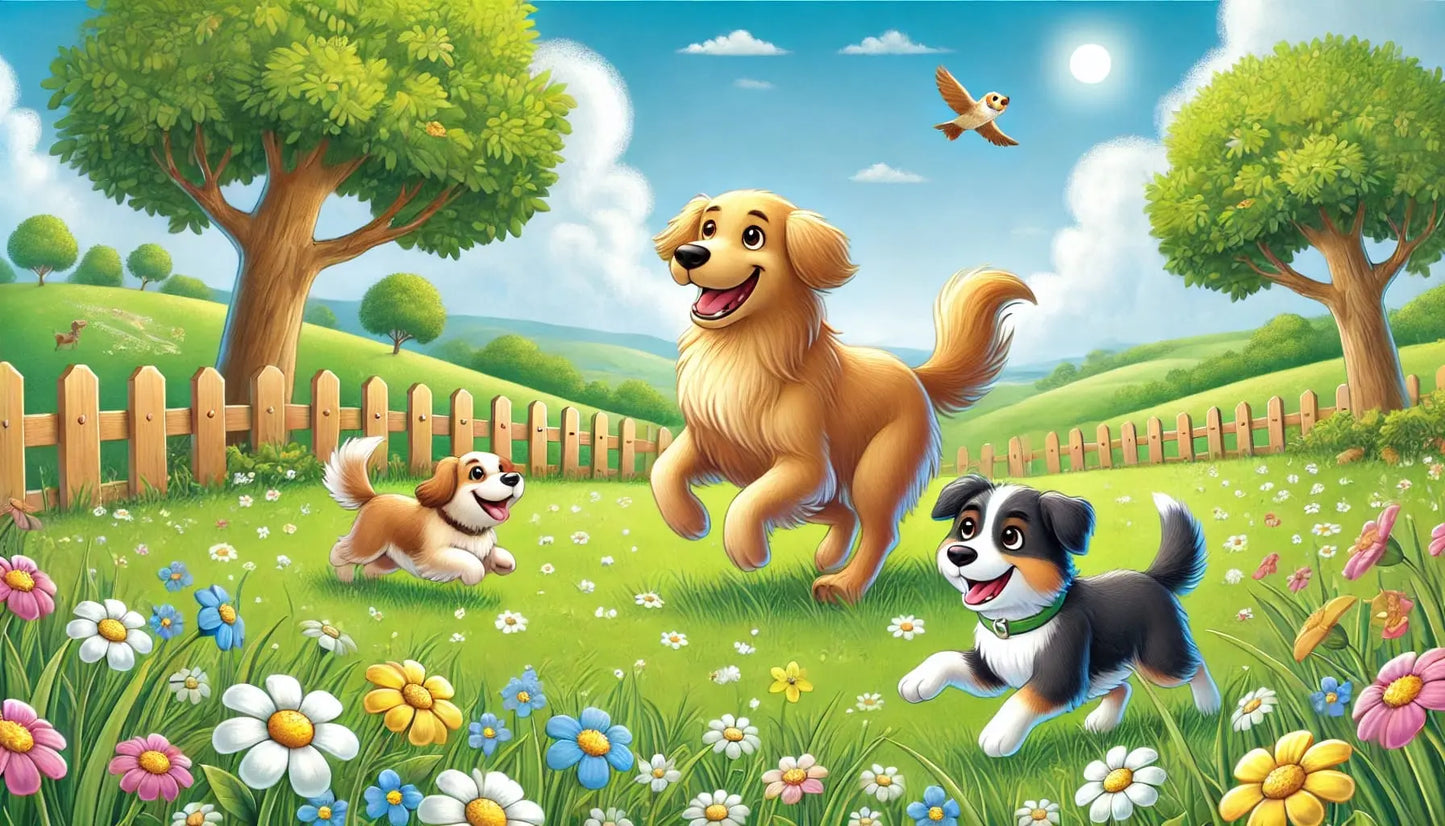 Spielende Hunde im Garten mit Zaun und Vogelhäuschen.