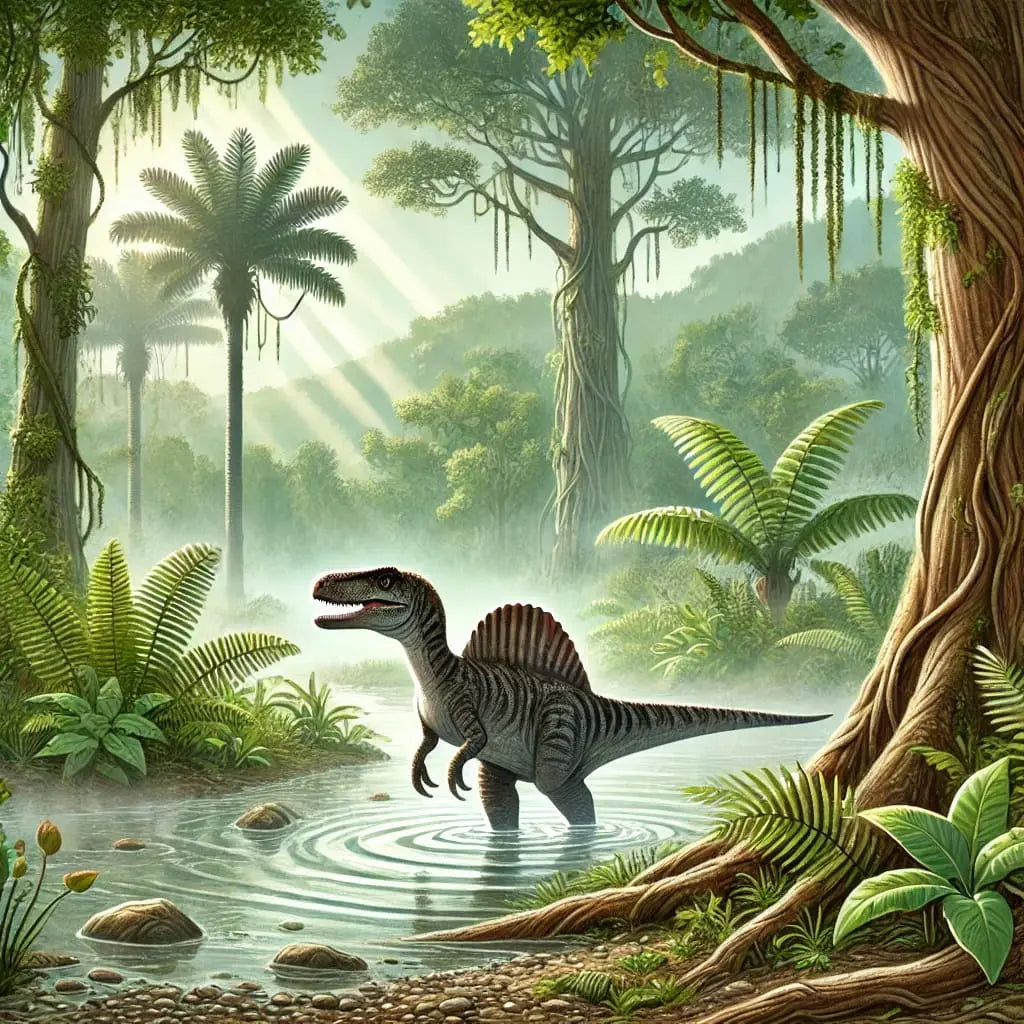 Spinosaurus in dichtem Wald mit Wasserlauf bei Sonnenstrahlen