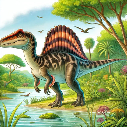 Spinosaurus am Wasser in tropischer Sumpflandschaft