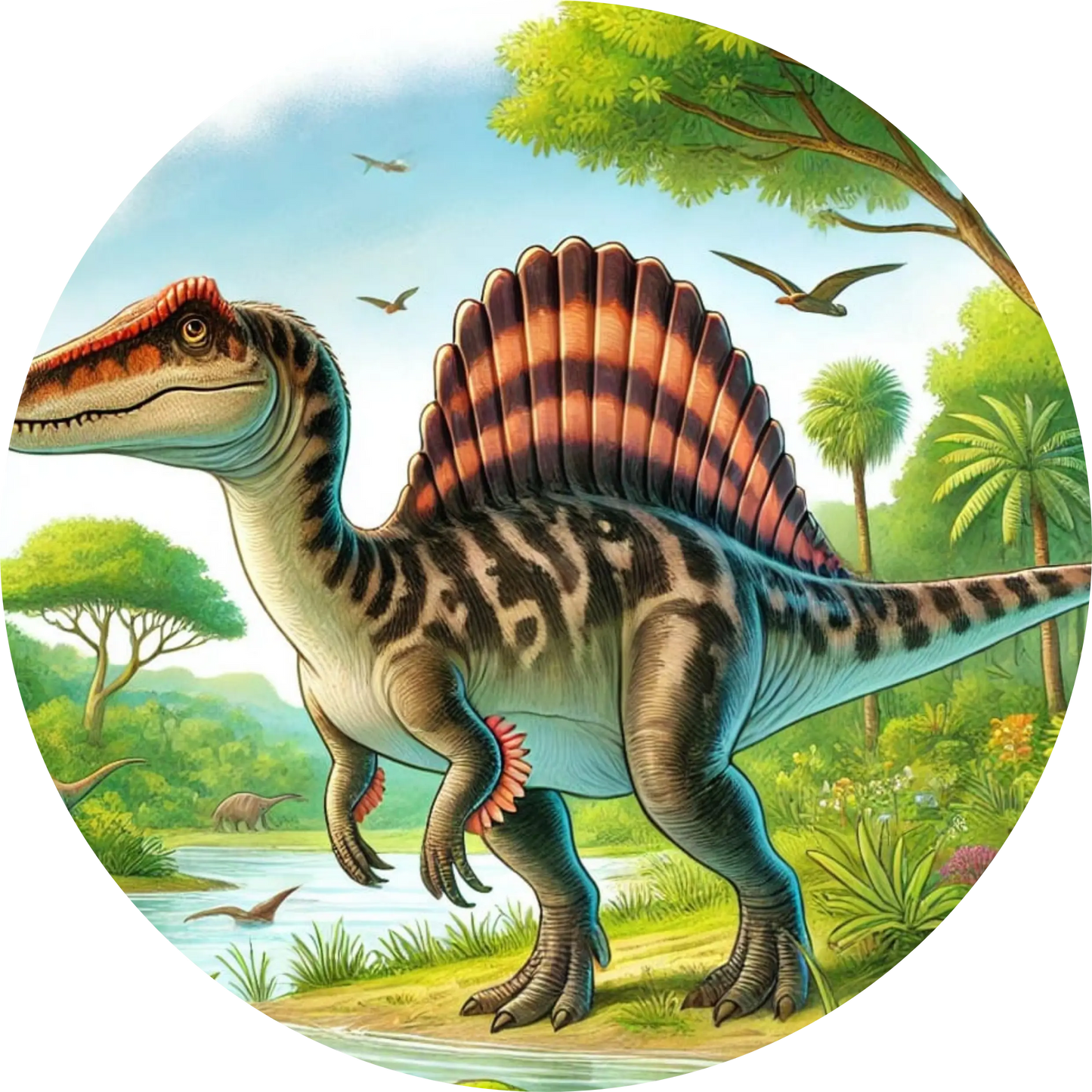 Spinosaurus mit markantem Rückensegel in Flusslandschaft – kindgerechter Stil
