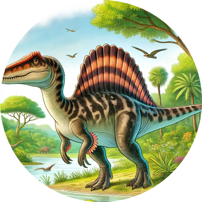 Spinosaurus mit markantem Rückensegel in Flusslandschaft – kindgerechter Stil
