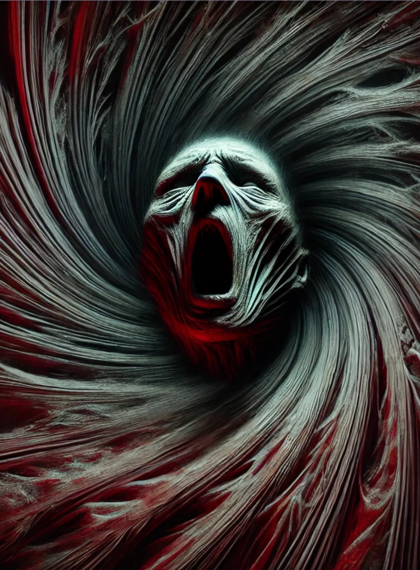 Verzerrtes Gesicht wird von einer düsteren Spirale eingesogen – surreales Horrorbild zwischen Realität und Wahn.