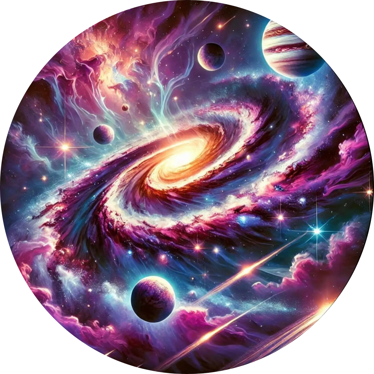 Spiralgalaxie mit Lichtwirbeln & Planetensystem im All