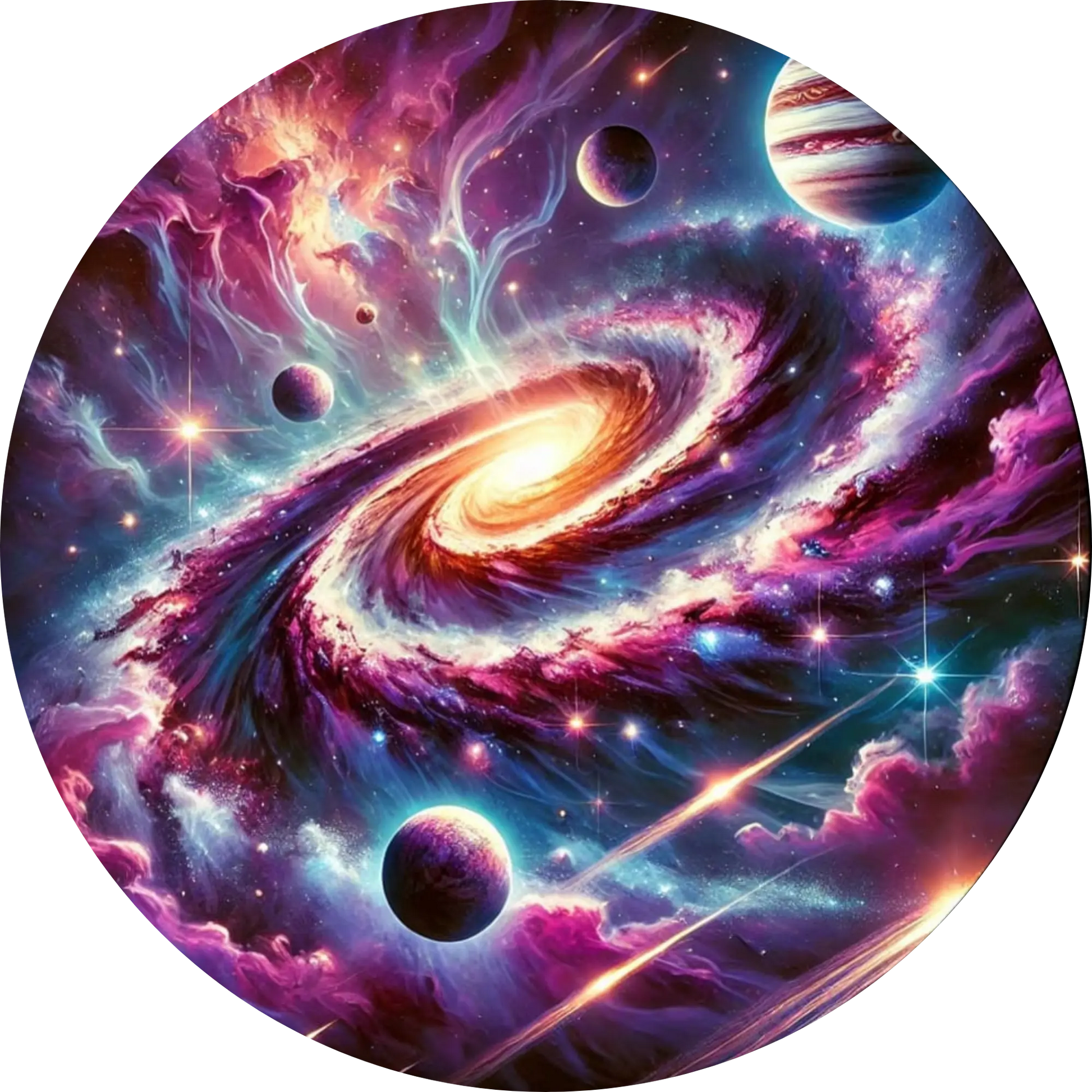 Spiralgalaxie mit Lichtwirbeln & Planetensystem im All