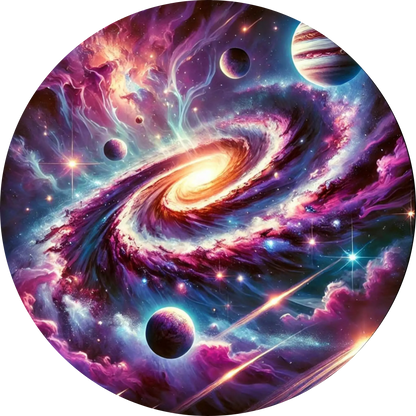 Spiralgalaxie mit Lichtwirbeln & Planetensystem im All