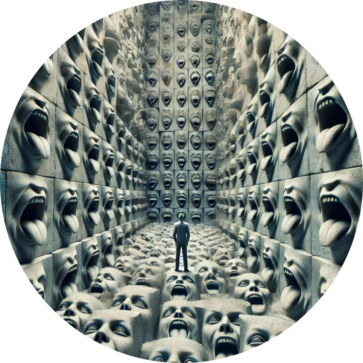 Unheimlicher Raum mit identischen humanoiden Figuren in symmetrischer Anordnung