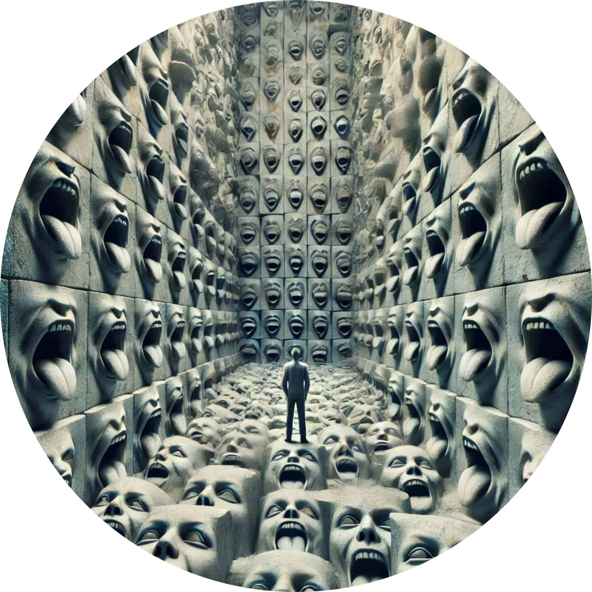 Unheimlicher Raum mit identischen humanoiden Figuren in symmetrischer Anordnung