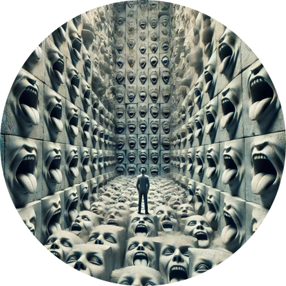 Unheimlicher Raum mit identischen humanoiden Figuren in symmetrischer Anordnung