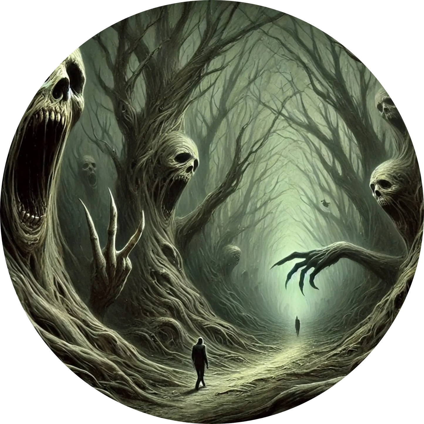 Verschlungene Kreaturen in einem nebligen, verwunschenen Wald