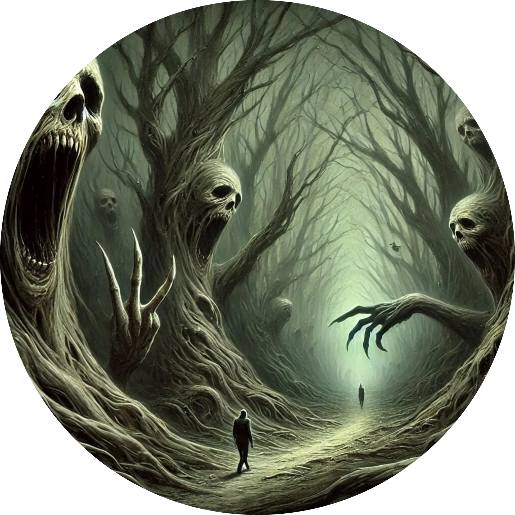 Verschlungene Kreaturen in einem nebligen, verwunschenen Wald