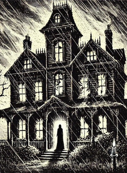 Verlassenes, zerfallenes Haus mit roten, leuchtenden Fenstern – inmitten dunkler Ruinen und gespenstischem Nebel. Mystische Geisteratmosphäre in düsterer Horror-Optik