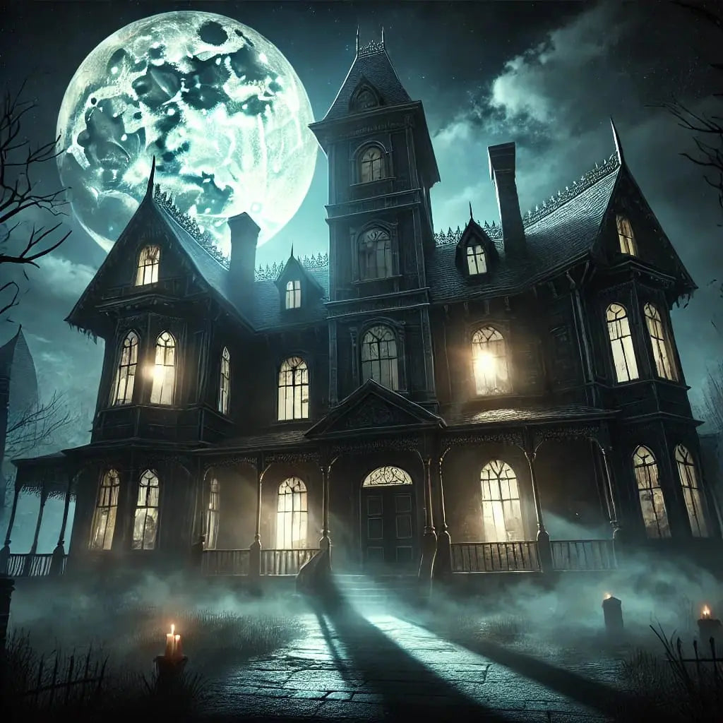 Altes, viktorianisches Spukhaus mit erleuchteten Fenstern und Vollmond – klassischer Haunted-House-Look.