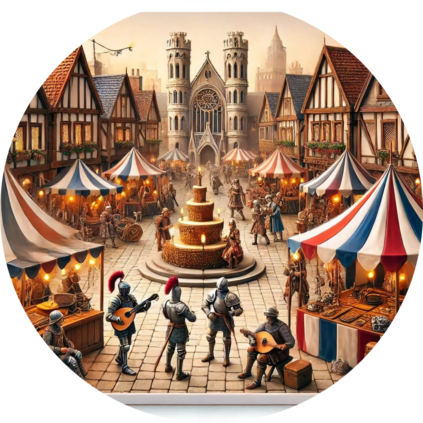 Mittelalterliches Stadtfest mit Marktständen, Musikanten und Fachwerkhäusern.