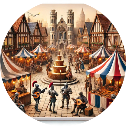 Mittelalterliches Stadtfest mit Marktständen, Musikanten und Fachwerkhäusern.