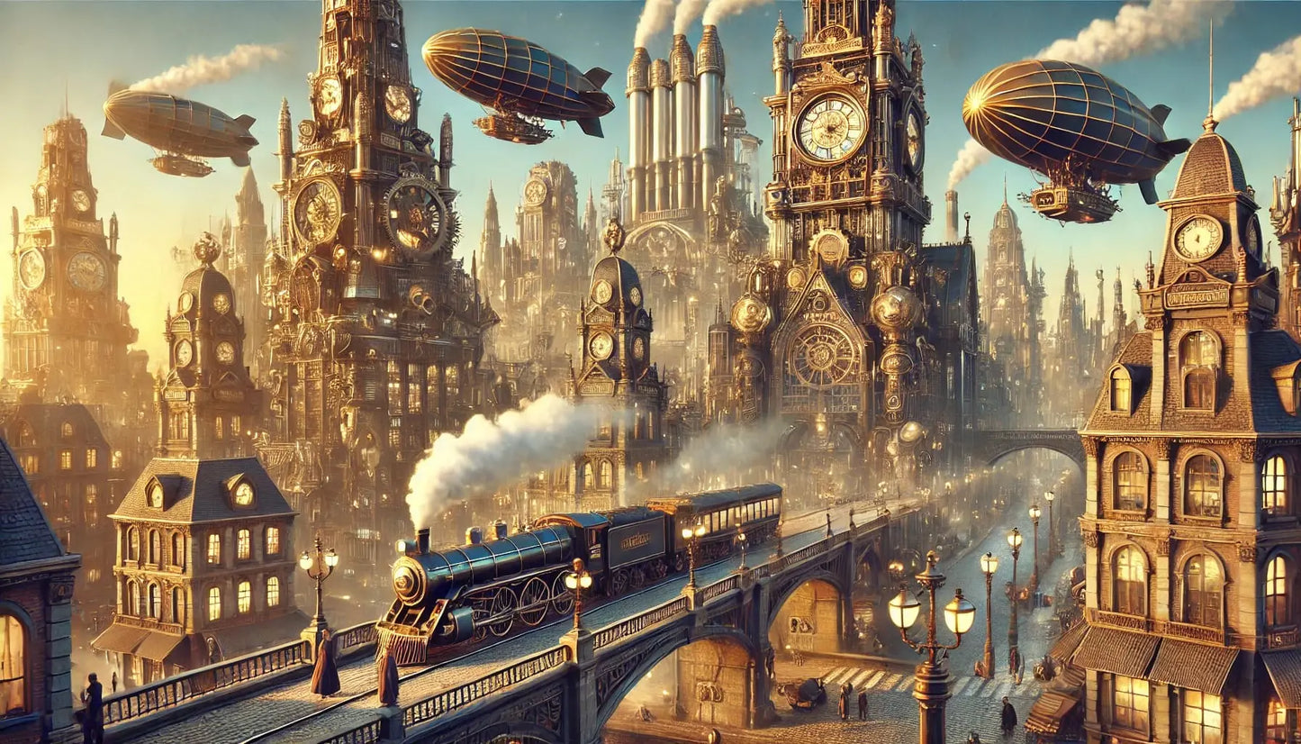 Detailreiche Steampunk-Stadt mit Zahnrädern, Zeppelinen, dampfender Eisenbahn und imposanter Architektur bei Sonnenlicht.