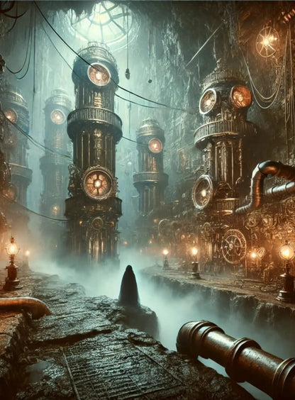 Steampunk-Stadt mit riesigen Zahnrädern, Türmen und leuchtenden Lampen. Eine dunkle Gestalt blickt in die neblige Tiefe einer maschinenartigen Welt.