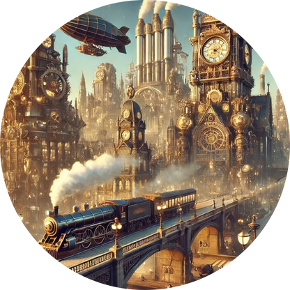 Steampunk-Stadt mit Zug und mechanischen Details