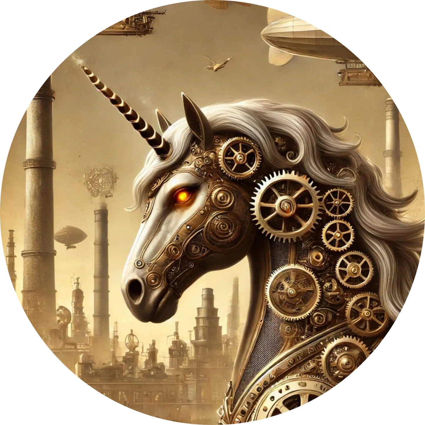  Steampunk-Einhorn mit Zahnrädern und Mechanikelementen