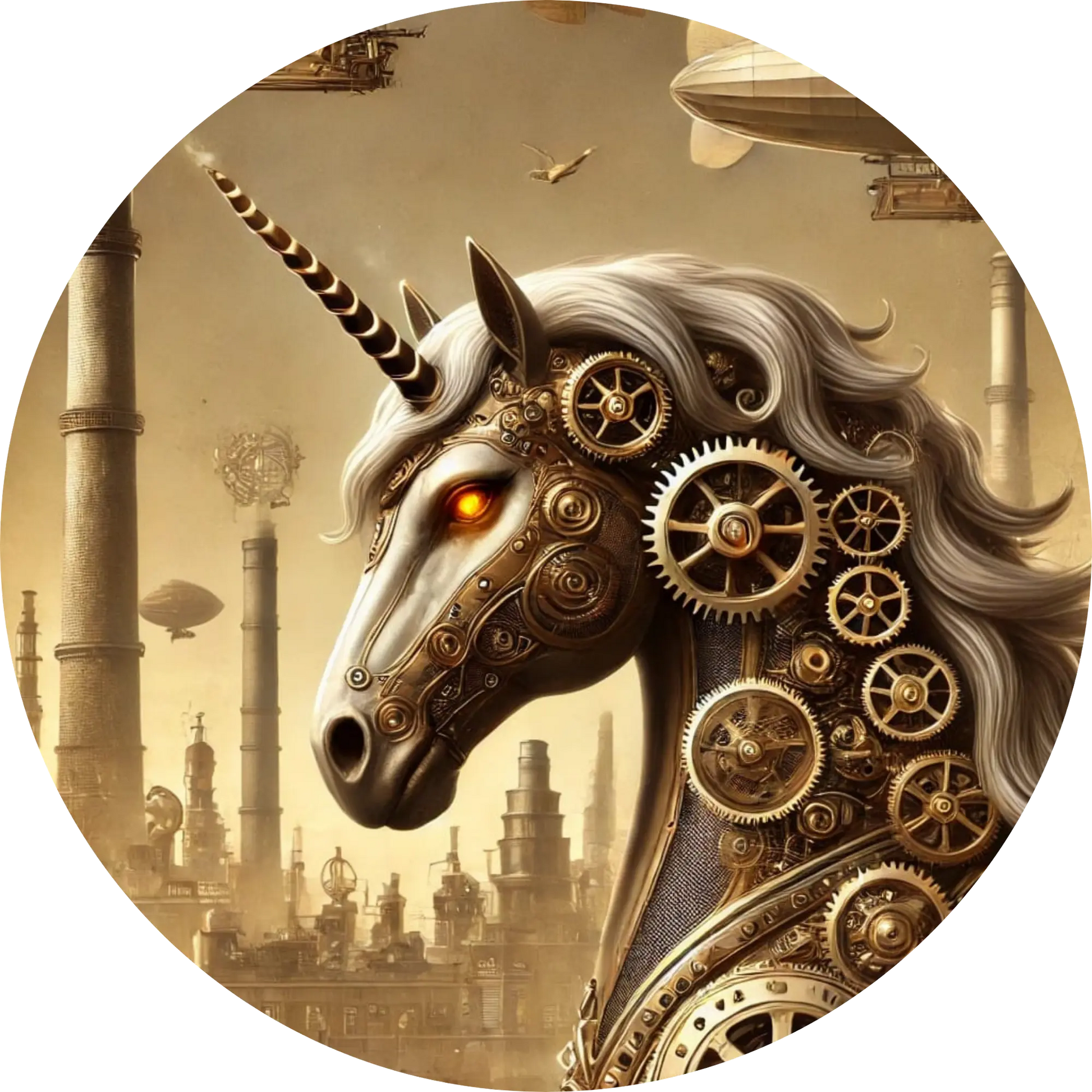  Steampunk-Einhorn mit Zahnrädern und Mechanikelementen