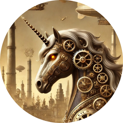  Steampunk-Einhorn mit Zahnrädern und Mechanikelementen