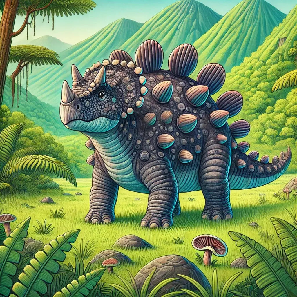 Stegosaurus mit dunkelblauer Haut und auffälligen Rückenplatten im Dschungel