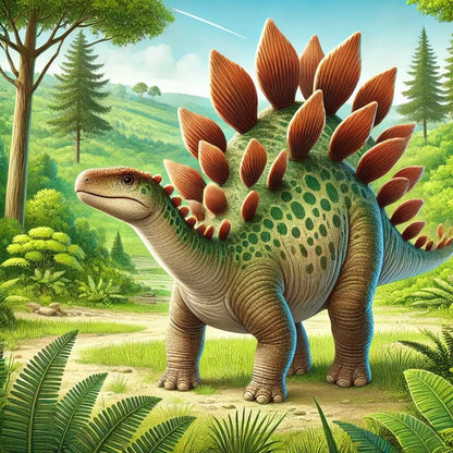 Stegosaurus in seitlicher Ansicht mit üppiger grüner Pflanzenumgebung