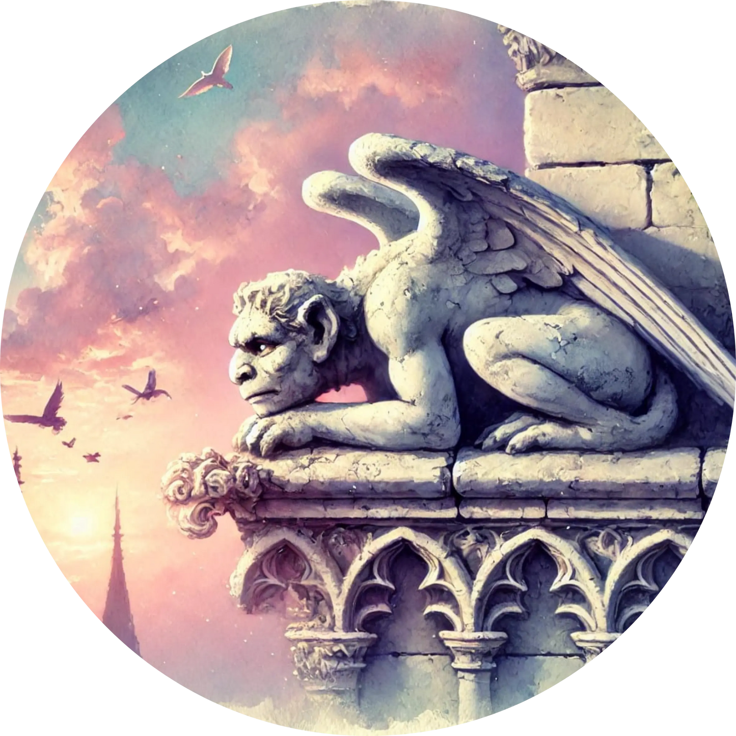 Steinerner Greif auf gotischer Balustrade bei Sonnenuntergang im zart rosa Licht 