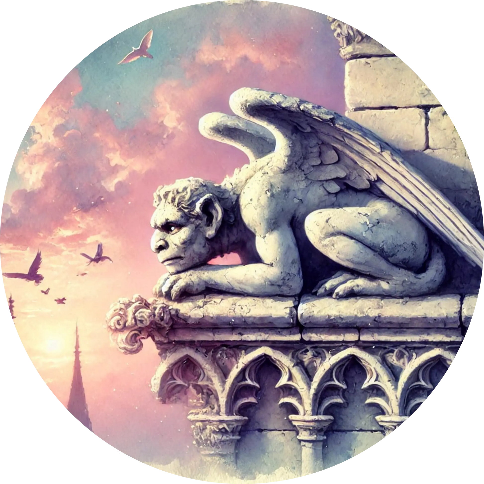 Steinerner Greif auf gotischer Balustrade bei Sonnenuntergang im zart rosa Licht 