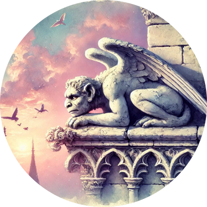 Steinerner Greif auf gotischer Balustrade bei Sonnenuntergang im zart rosa Licht 