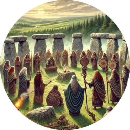 Keltischer Steinkreis mit Druiden – Mehrere Druiden führen ein Ritual bei Sonnenaufgang zwischen mächtigen Steinkreisen durch.