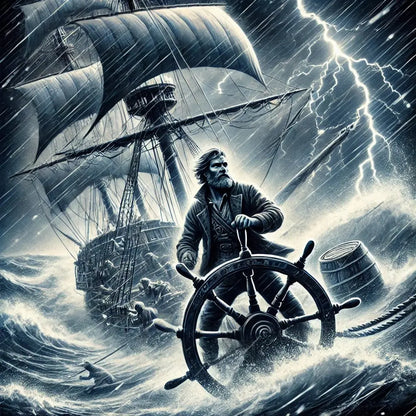 Steuermann im Sturm
Ein mutiger Steuermann ringt mit dem Ruder bei tobendem Gewitter auf hoher See – heroisches Motiv der Seefahrt.