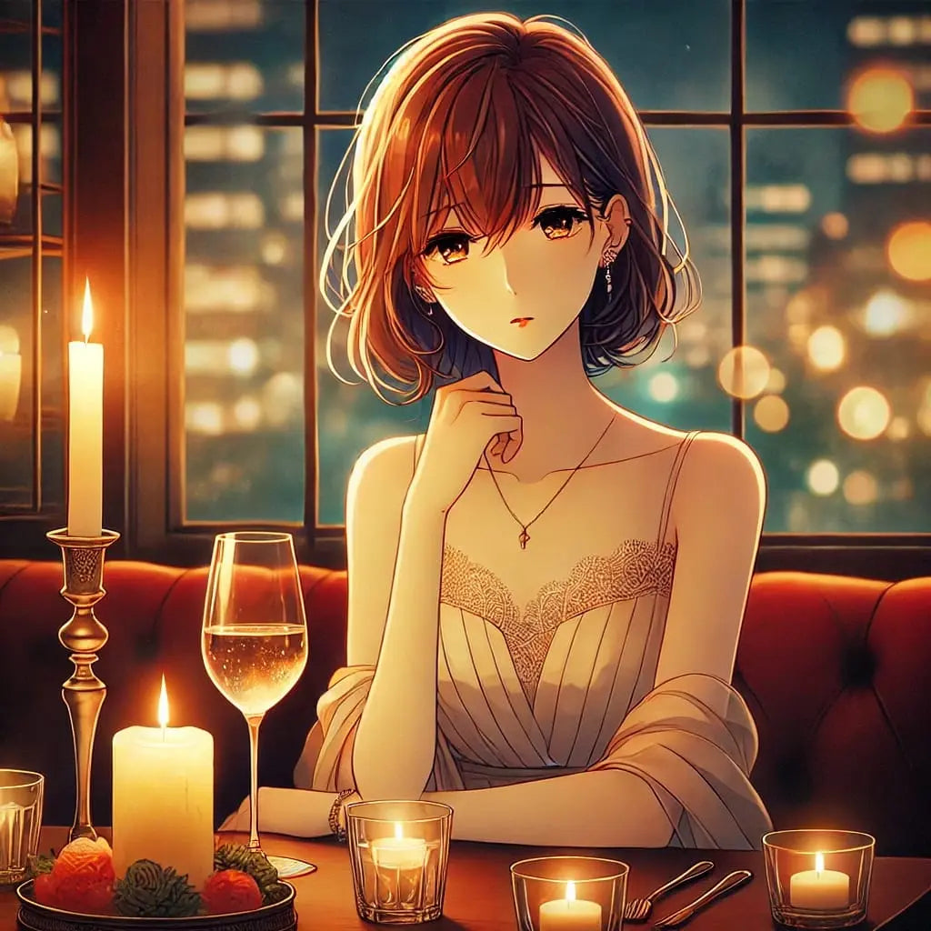 Elegant gekleidetes Mädchen sitzt im Kerzenschein eines stilvollen Restaurants.