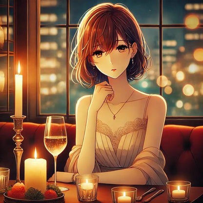 Elegant gekleidetes Mädchen sitzt im Kerzenschein eines stilvollen Restaurants.