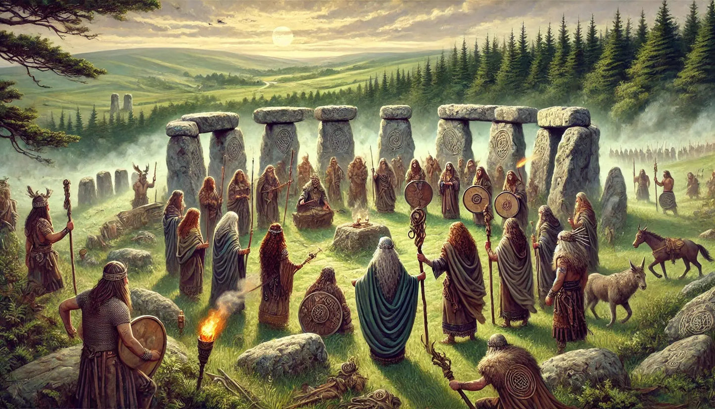 Druidenritual bei Stonehenge: Große keltische Versammlung mit Druiden und Schamanen in ritueller Kleidung bei Sonnenaufgang.