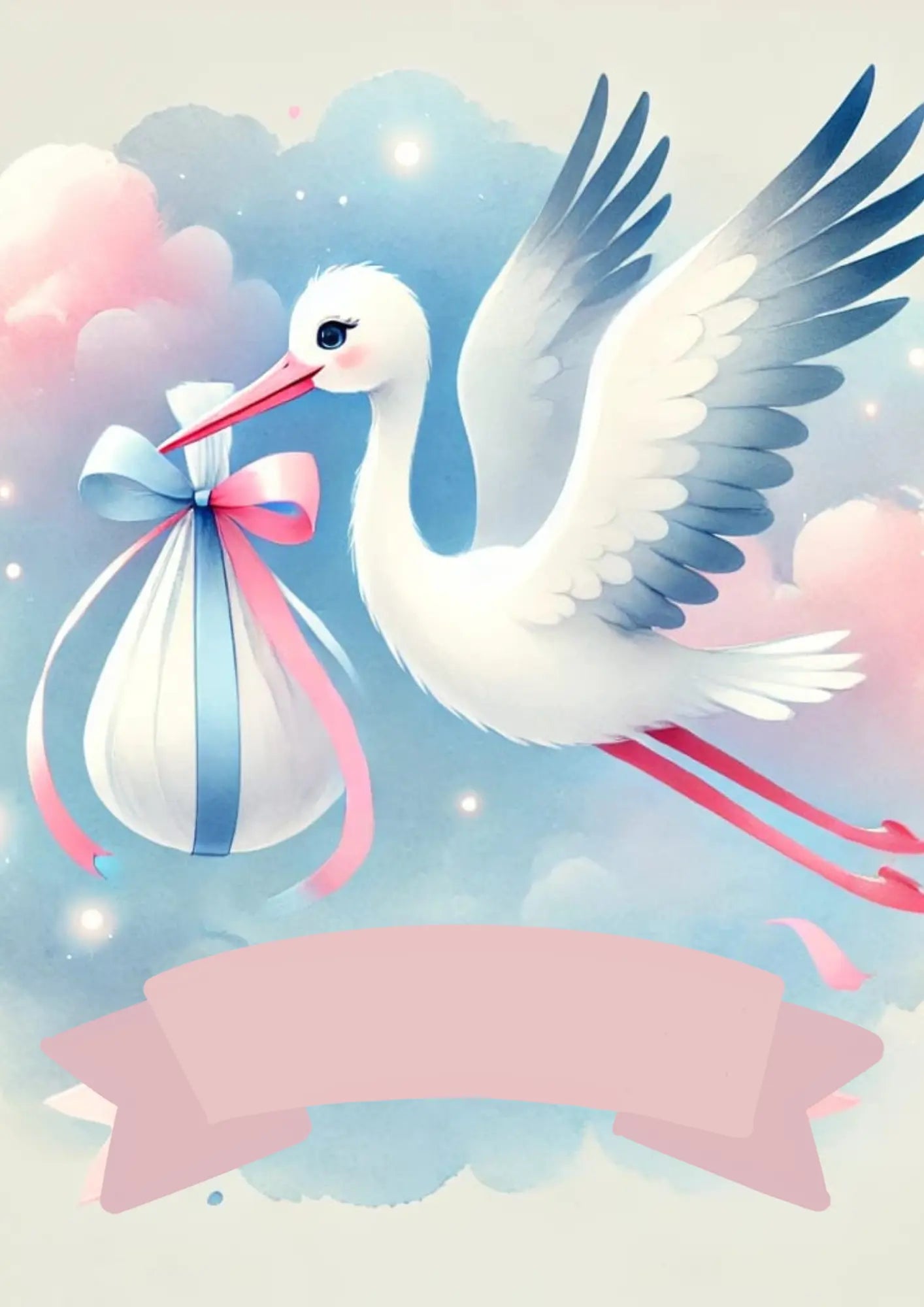 Niedlicher Storch mit rosa-blauem Bündel im Schnabel fliegt durch rosa Wolkenhimmel – liebevolle Szene zur Ankündigung eines Babys.