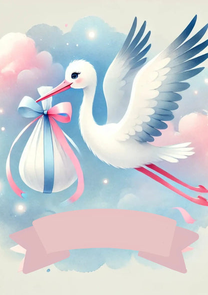 Niedlicher Storch mit rosa-blauem Bündel im Schnabel fliegt durch rosa Wolkenhimmel – liebevolle Szene zur Ankündigung eines Babys.