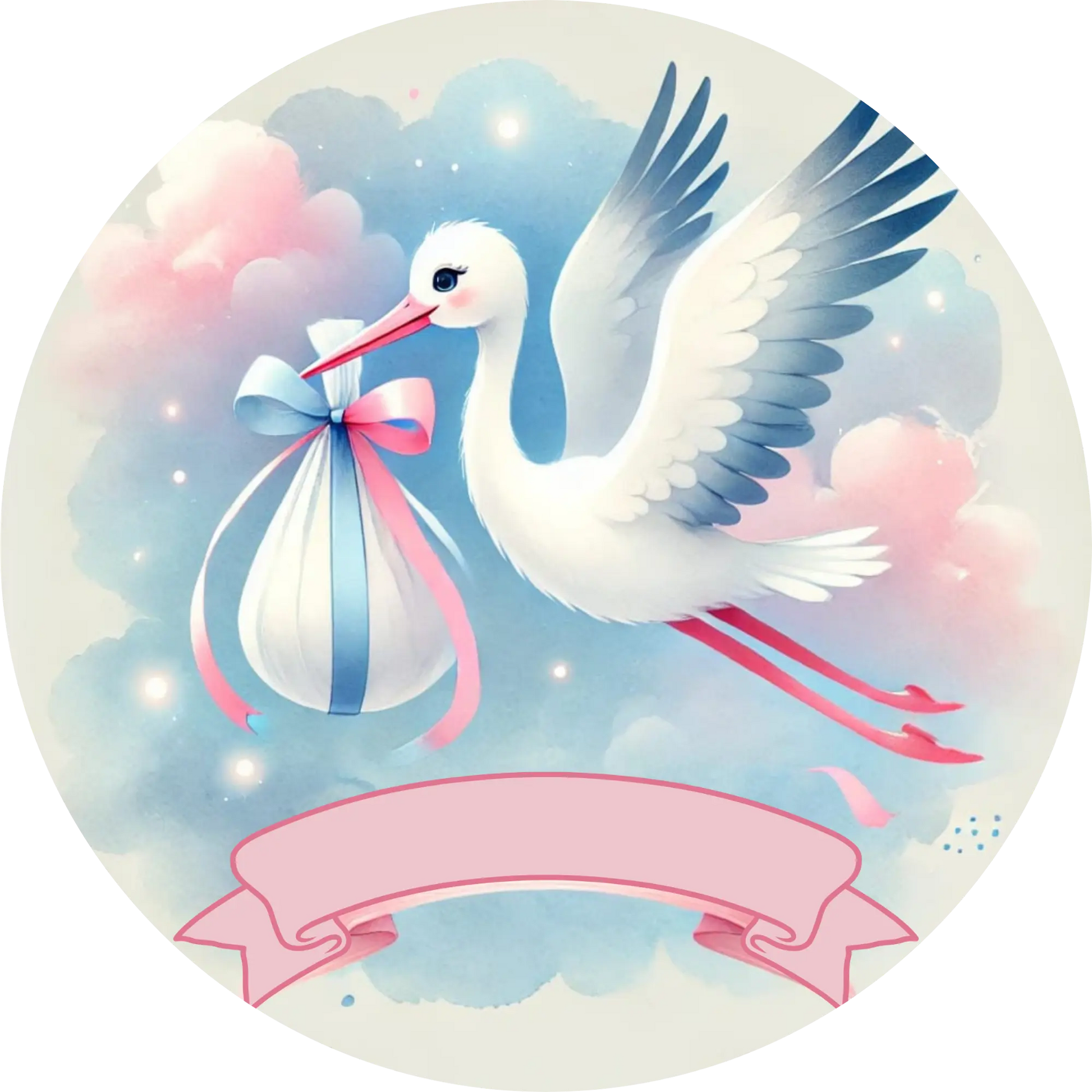  Storch mit Babytuch und rosa Schleife – klassisches Motiv zur Geburt