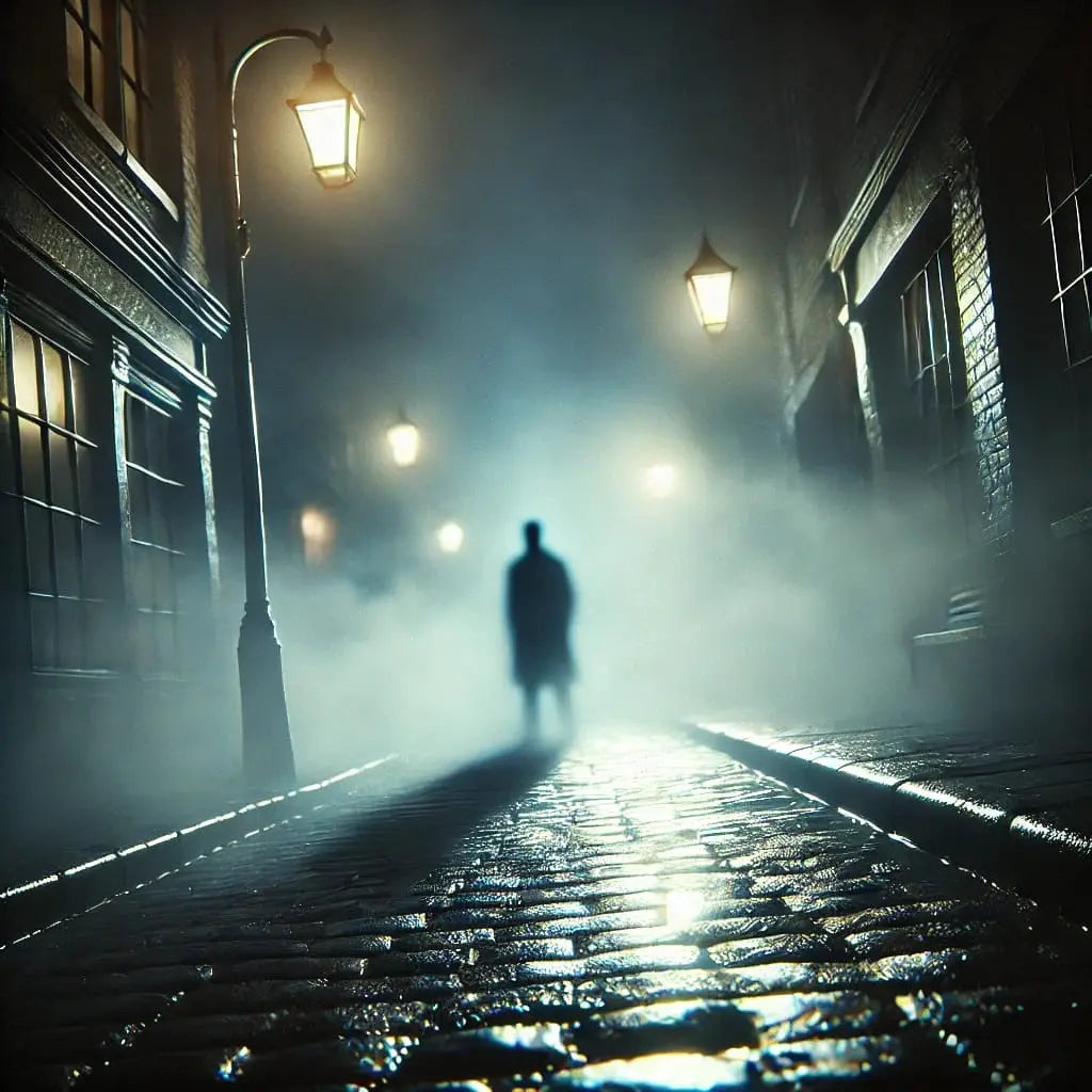 Eine einsame Figur steht auf nasser Straße in düsterer Stadt – geheimnisvolle, cineastische Stimmung.