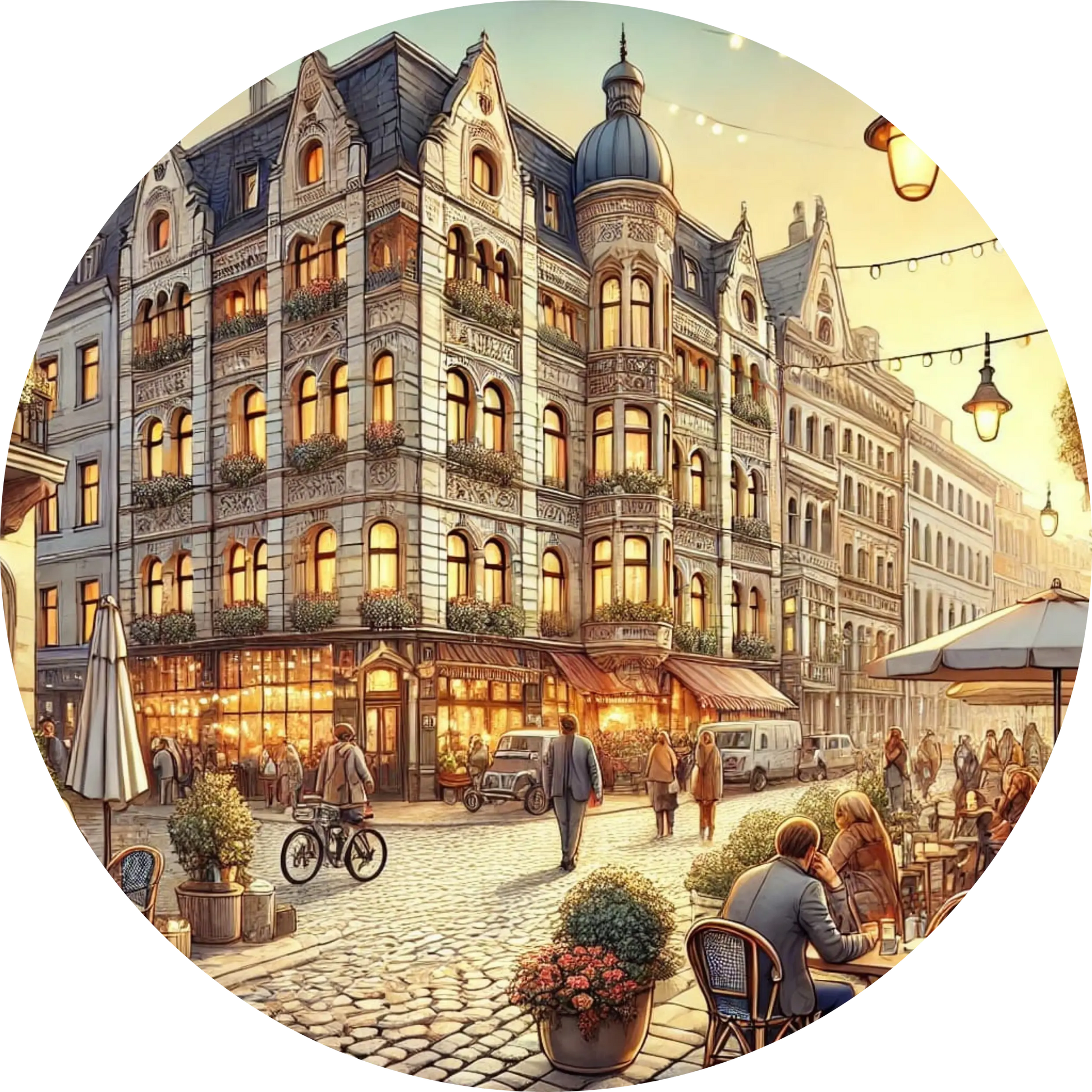 Historischer Marktplatz mit stilvollen Altbauten bei Sonnenuntergang
