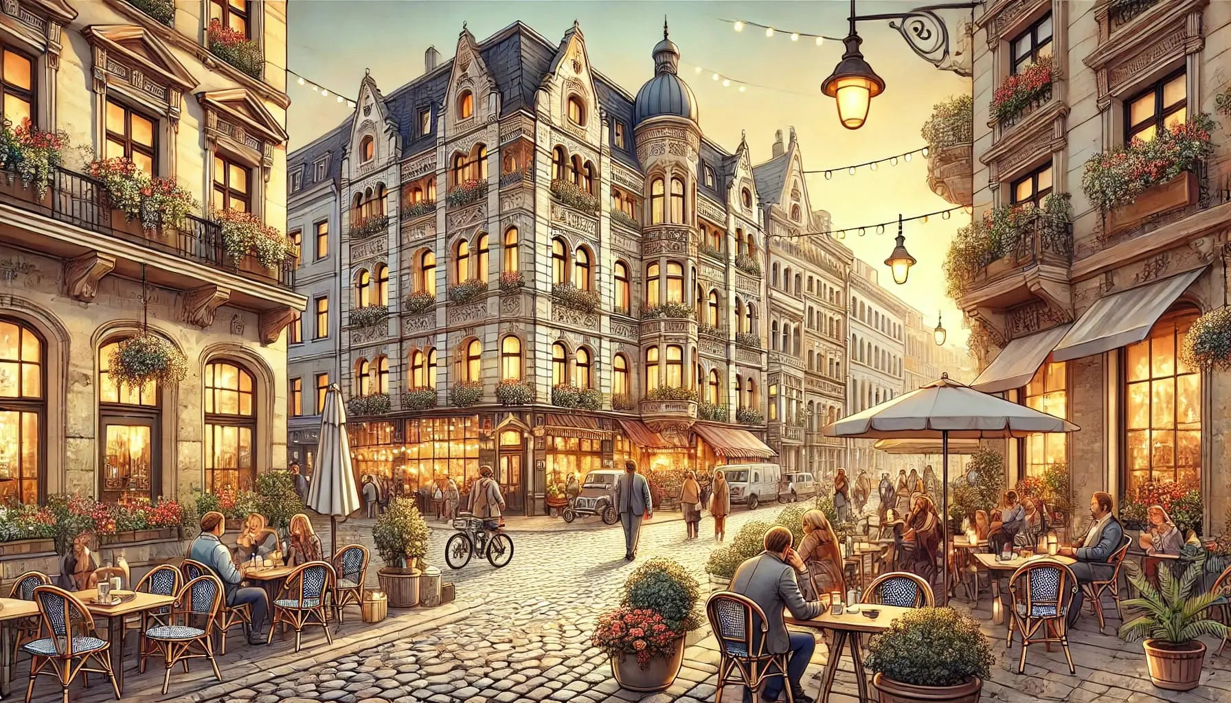 Stadtbild mit klassischer Architektur und gemütlichem Straßenleben – Historisch angehauchtes Motiv mit geschäftiger Fußgängerzone.