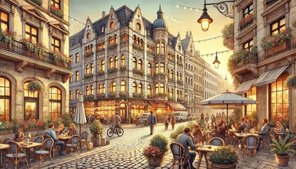 Stadtbild mit klassischer Architektur und gemütlichem Straßenleben – Historisch angehauchtes Motiv mit geschäftiger Fußgängerzone.