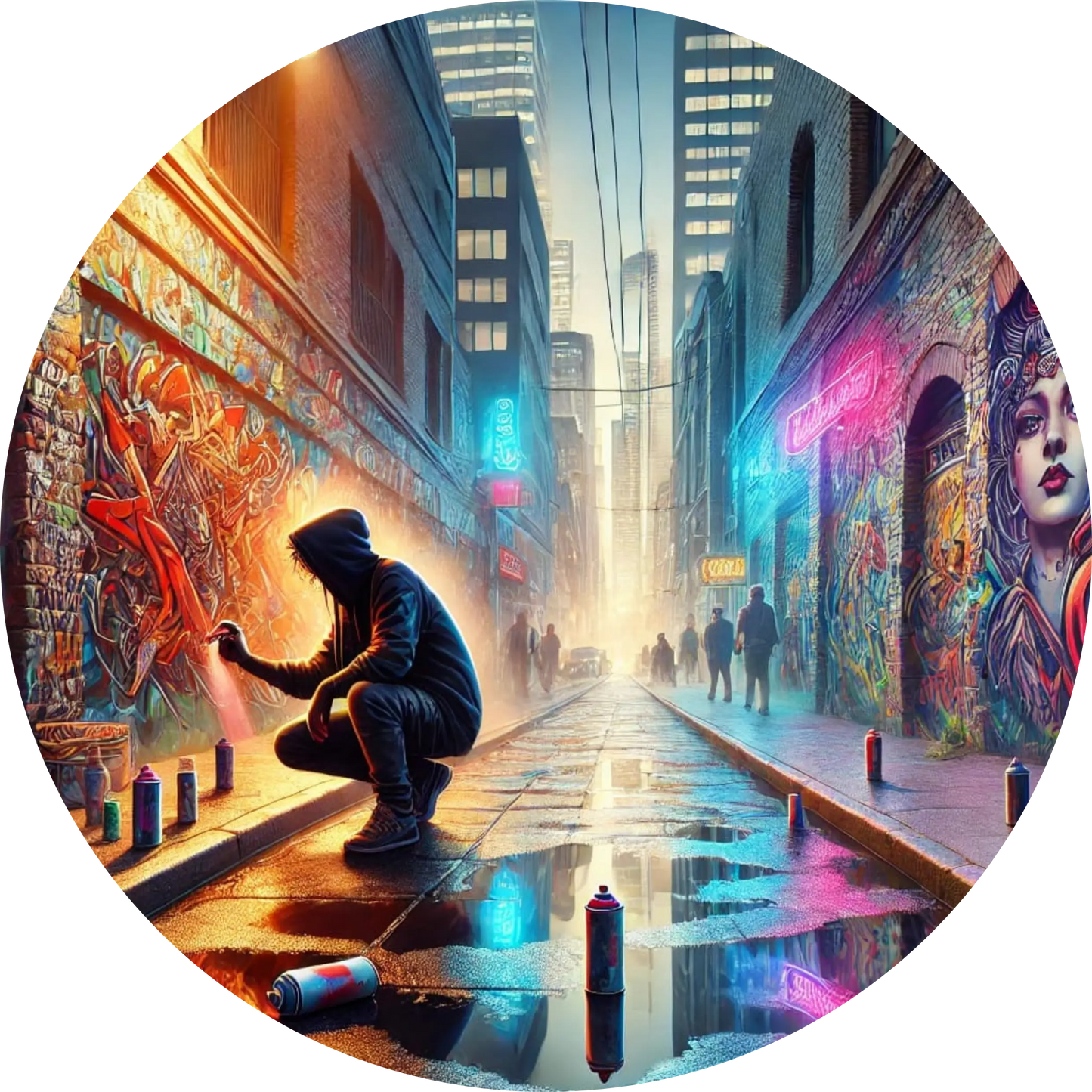 Moderne Straßenszene mit Graffiti und Künstler in Neonlichtern