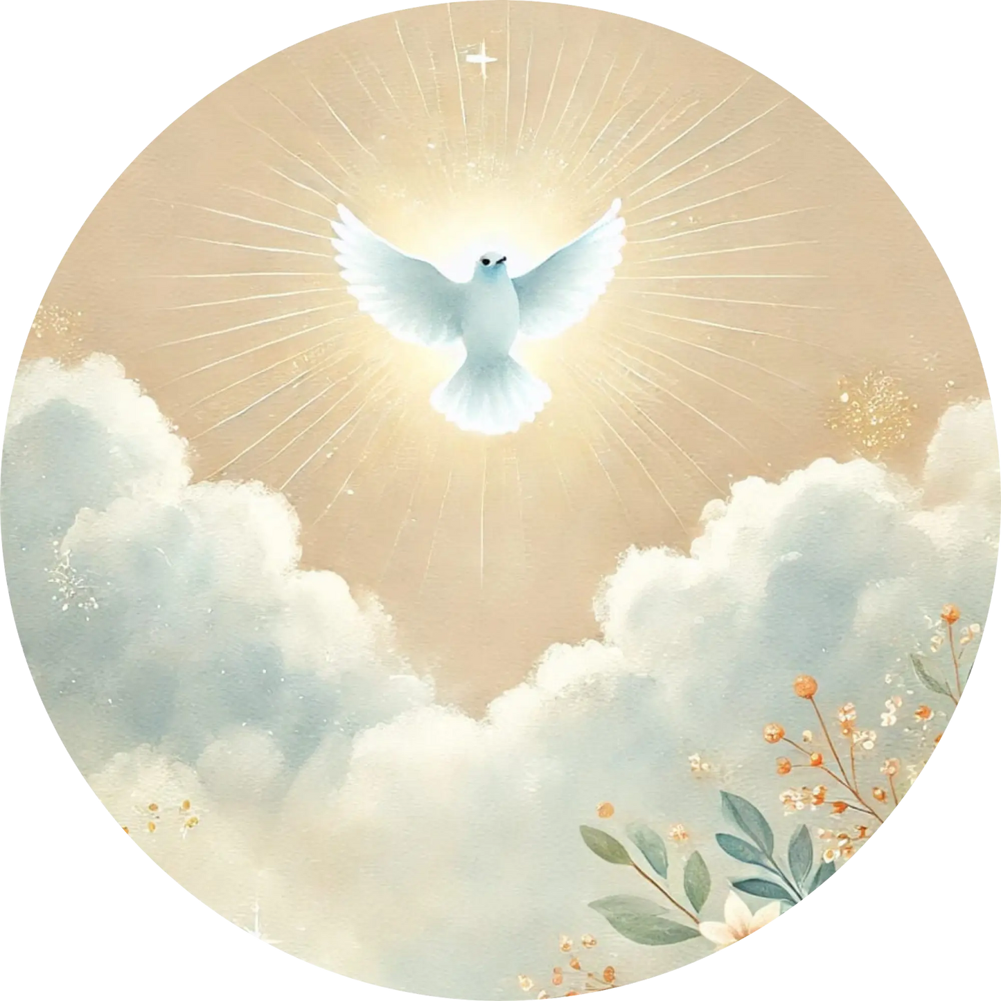 Weiße Taube im gold-gelbem Himmel mit Wolken und Blumen