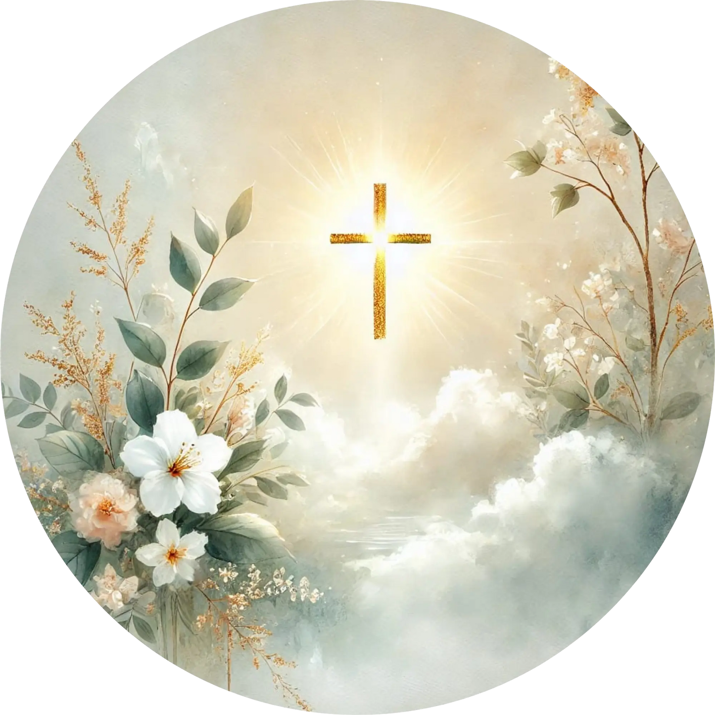  Strahlendes Kreuz in floraler Wolkenlandschaft – religiöses Design für Kommunion