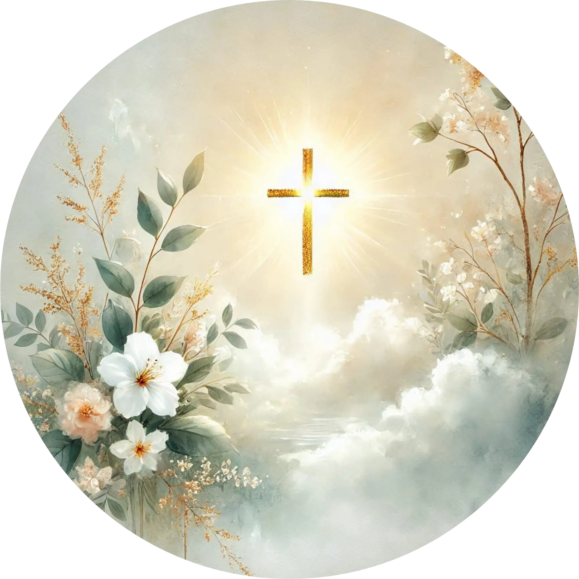  Strahlendes Kreuz in floraler Wolkenlandschaft – religiöses Design für Kommunion