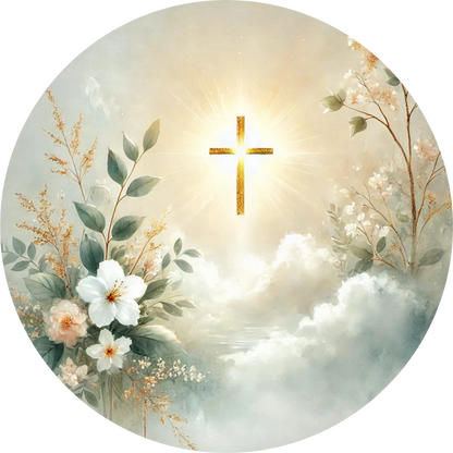  Strahlendes Kreuz in floraler Wolkenlandschaft – religiöses Design für Kommunion