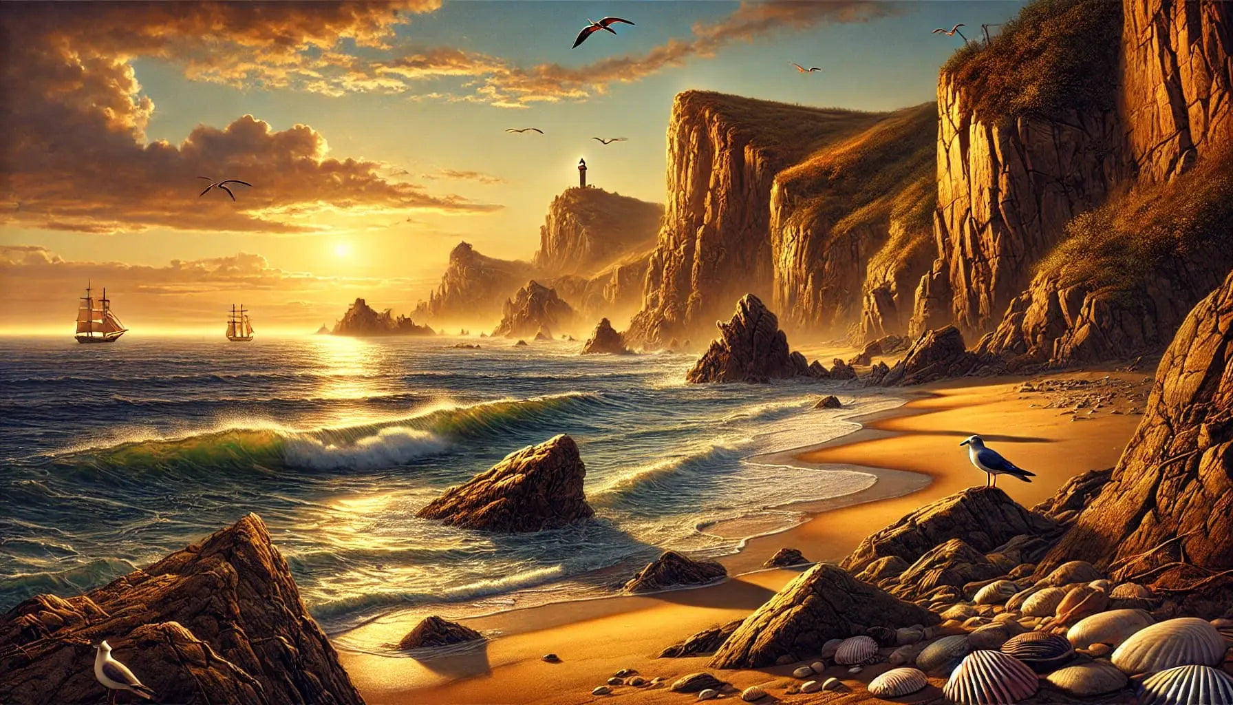 Meer mit Felsen bei Sonnenuntergang mit dramatischen Lichtverhältnissen