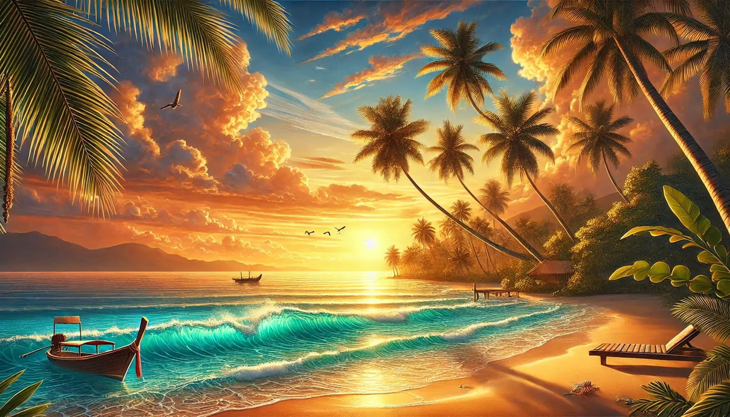 Sonnenuntergang am Meer mit Palmen und tropischer Idylle