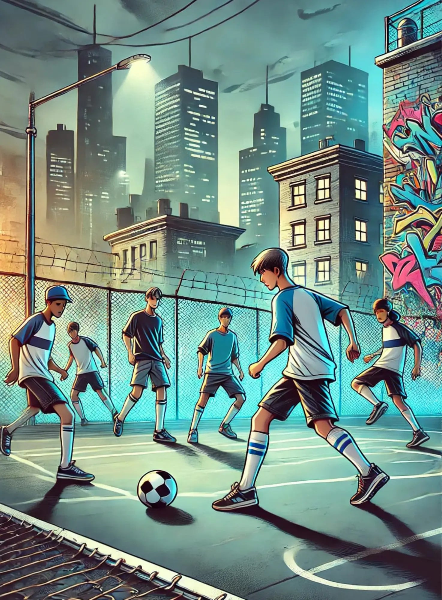 Kinder spielen Street Soccer in der Stadt bei Sonnenuntergang.