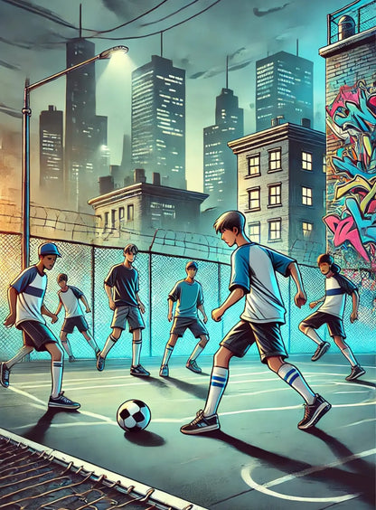 Kinder spielen Street Soccer in der Stadt bei Sonnenuntergang.